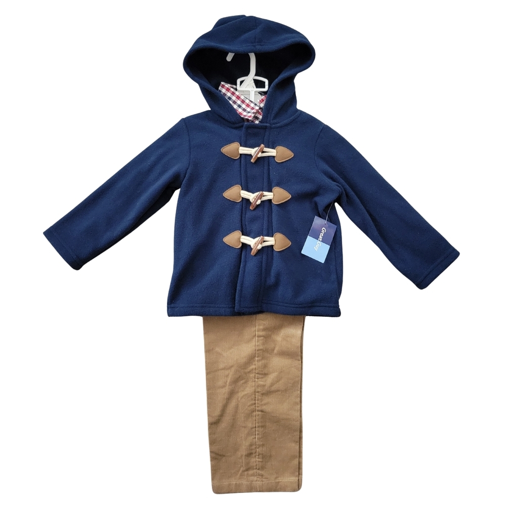 4T Boy Clothing Set 3 Piece Jacket Plaid Shirt Corduroy Pants Blue Tan Preppy